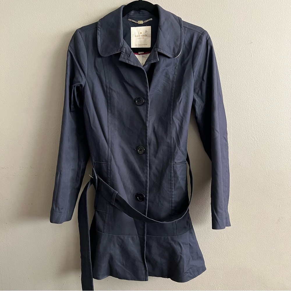 KATE SPADE Navy Blue Belted Trench Coat Ruffled Flair Bottom Preppy Classic XS